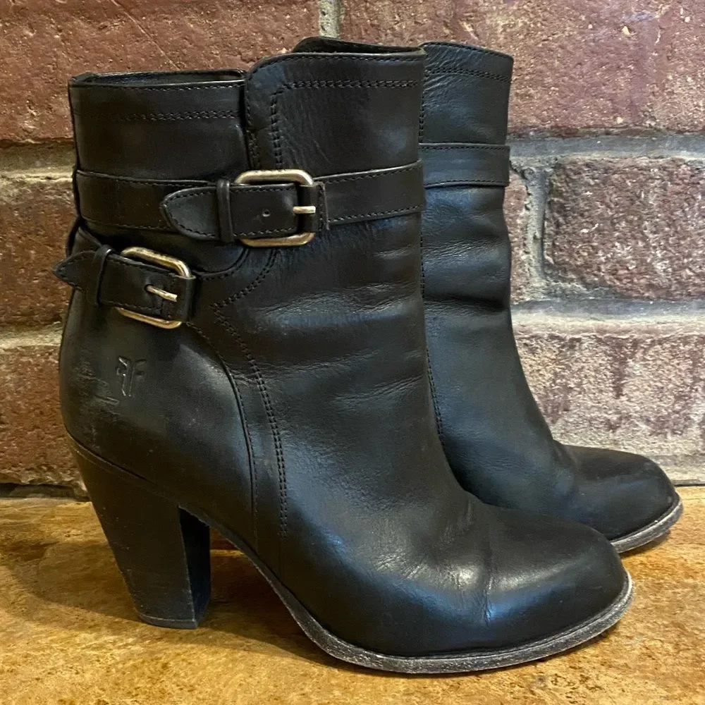 Frye Black leather‎ Jenny Shield stack heeled short boot Booties sz 8.5 - Picture 3 of 11